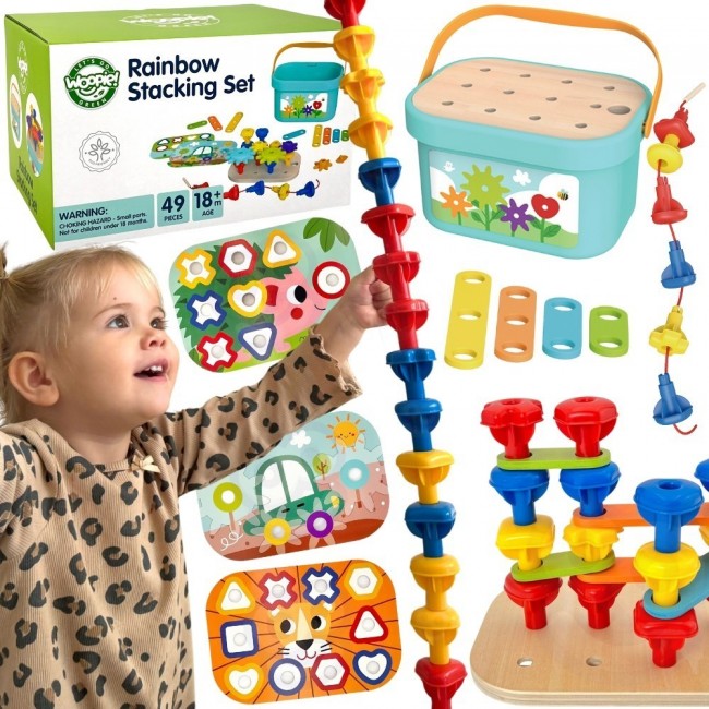 WOOPIE GREEN Układanka Montessori Kołki w Pudełku Stosy Nawlekanka