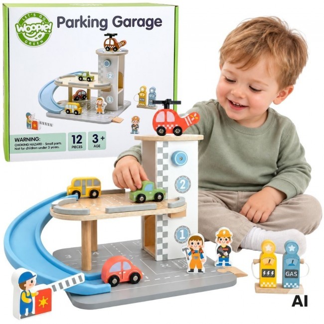WOOPIE GREEN Drewniany Parking Piętrowy z Autkami i Figurkami