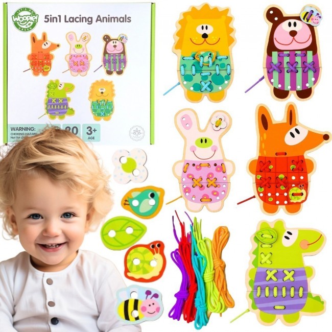 WOOPIE GREEN Drewniana Gra Zręcznościowa Zwierzątka do Sznurowania