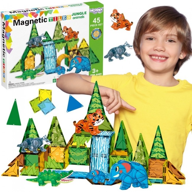 WOOPIE Klocki Magnetyczne Konstrukcyjne 3D Zestaw Edukacyjny Zwierzęta Dżungli 45el.