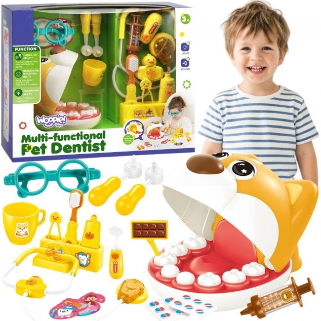 WOOPIE ZESTAW MAŁY DENTYSTA PIESEK STOMATOLOG ZABAWKA ŚWIECI